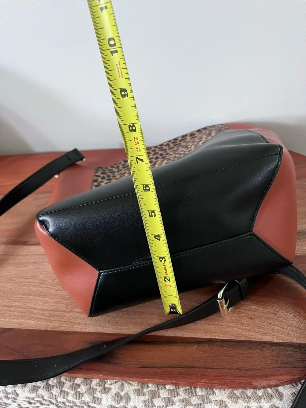 Bromen Leopard Print Colorblock Crossbody Bucket Bag Black Cognac Vegan Leather